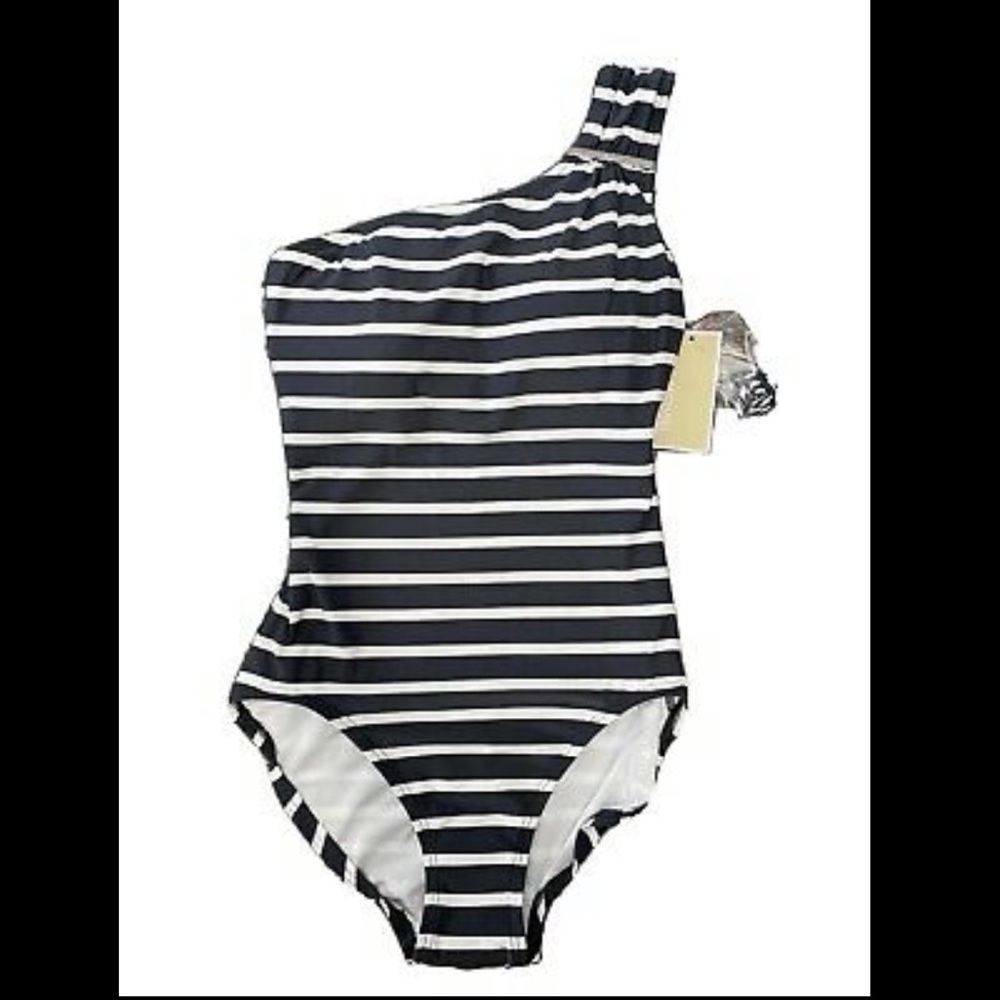 Michael Kors white with gun metal stripes.